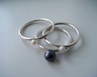 Pearl stacking rings:  Handmade, sterling silver