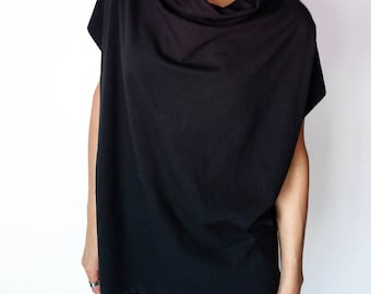 Cowl Neck Women's Jersey Shirt, Women's Minimalistic Loose FittingTop, Black Slouchy Women Top