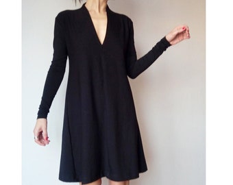 V Neck Black Viscose Jersey Dress, V-Neck Loose Fitting Tunic, Deep V-Neck Minimalist Women Cocktail Dress