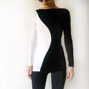 Elegant Black and White Long Sleeved T-shirt, Yin Yang Women's Top, Unique Minimalist Women Top