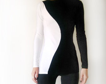 Elegant Black and White Long Sleeved T-shirt, Yin Yang Women's Top, Unique Minimalist Women Top