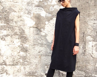 Heavier Weight Black Jersey Minimalist Oversized Dress, Sleeveless Women's Dress with Collar, Heavy Jersey Elegant Women Dress