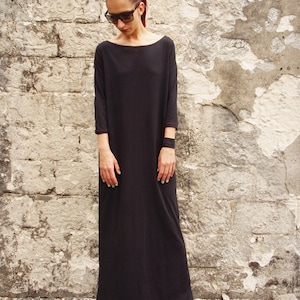 Minimalist Black Cotton Jersey Long Women's Dress, Elegant Black Kaftan, Long Women Dress with Long sleeves and Boat neck