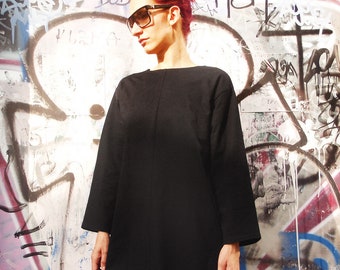 Black Viscose Jersey Minimalist Oversized Dress, Plus Size Designer Jersey Dress, Oversized Smart Dress/Balon dress