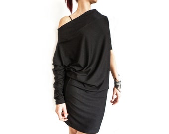 Off The Shoulder Asymmetric Black Women's Dress, One Shouder Oversized Jersey Women Oversized Tunic