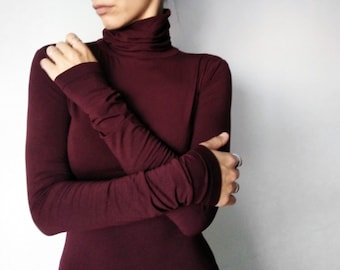 Turtleneck Women's Top with Superlong Sleeves, Women Roll-on Shirt, Women's Skivvy Shirt with Extralong Sleeves