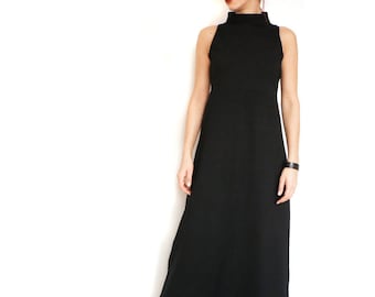 Black Viscose Jersey Minimalist Maxi Sleeveless Dress, Elegant Long Jersey Dress