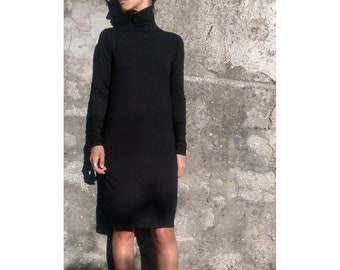 Minimalist Asymmetric Turtleneck Women's Jersey Dress, Long Sleeves Elegant Simple Casual Dress