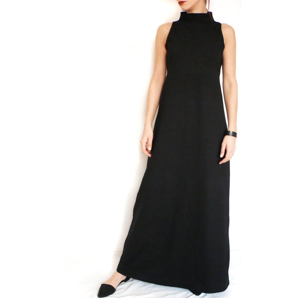 Black Viscose Jersey Minimalist Maxi Sleeveless Dress, Elegant Long Jersey Dress