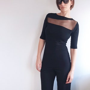 Womens shirt with sheer panel, Women's Top with mesh panel, Meshed Top, Black Cocktail Half Sleeve Top with Transparent panel