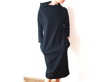 Vestido holgado de viscosa de jersey grueso para mujer: minimalista, midi con bolsillos