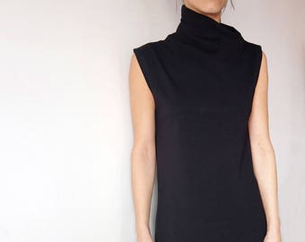 Black Cotton Jersey Minimalistic Oversized Women Dress With Asymmetric Collar, Black Jersey Dress, Elegant Dress, Avantgarde dress