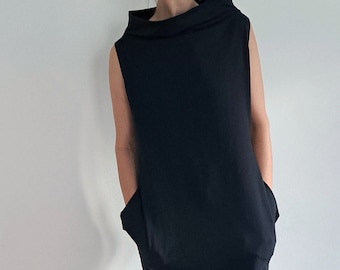 Vestido minimalista formal, único, sin mangas y con cuello vuelto: vestido holgado de cuello alto para invitada de boda.