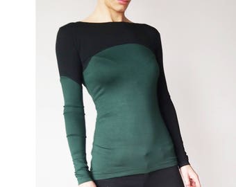 Elegant Long Sleeved Women's T-shirt, Fitted ColorBlock Top, Designer's Women's Jersey Shirt, Long Sleeve Black Women's Blouse