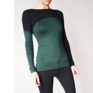 Elegant Long Sleeved Women's T-shirt, Fitted ColorBlock Top, Designer's Women's Jersey Shirt, Long Sleeve Black Women's Blouse