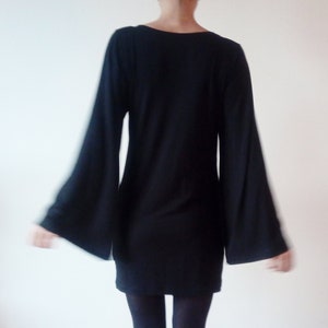 Wide Sleeves Black Jersey Minimalist Dress, Bell Sleeves Women's Avantgarde Dress