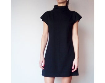 Heavy Weight Minimalist Elegant Black Mini Dress, Funnel Neck Little Black Dress, High neck Heavy Jersey Dress, Party Dress