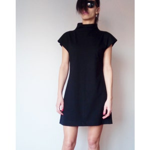 Heavy Weight Minimalist Elegant Black Mini Dress, Funnel Neck Little Black Dress, High neck Heavy Jersey Dress, Party Dress