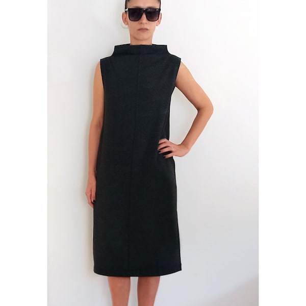 Minimalistic Sleeveless Dress with Elevated Collar, Simple Elegant High Neck Dress