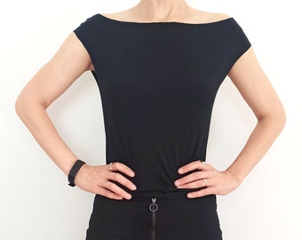 Minimalist Jersey Off Shoulder Top: Fitted Sleeveless Women's T-Shirt