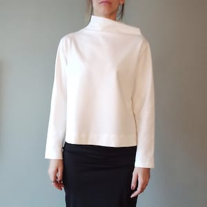 Asymmetric collar women's top, Minimalistic unique women shirt, Heavy jersey asymmetric women long sleeved top