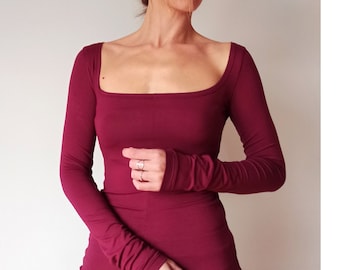 Top de punto minimalista de cuello cuadrado para mujer, elegante camiseta de manga extralarga para mujer.