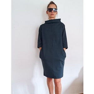 Heavy Jersey Minimalistic Oversized Women Dress With Pockets And Asymmetric Collar, Unique Heavy Fabric Elegant Dress