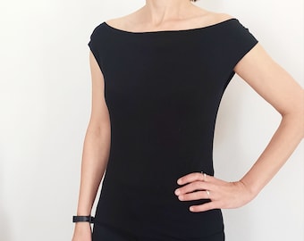 Minimalist Jersey Fitted Off Shoulder Women's Top, Sexy Top, Party Top, Fashion Women's Drop Shoulder T-shirt, Cocktail Top, Black Top