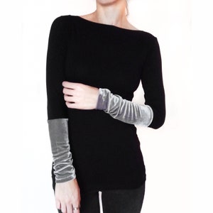 Women top with Long Sleeves and Velvet Panels, Minimalistic Black Top, Party Top, Elegant Shirt, Gift for Her