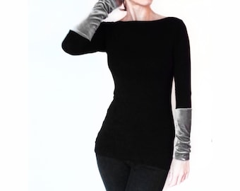 Velvet Panel Long Sleeve Top: Minimalist Women's Shirt Custom-made