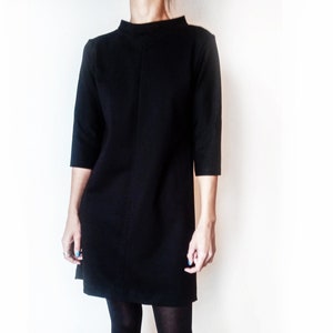 Audrey Hepburn Style Minimalist Black Dress, Elegant Elevated Collar, 3/4 sleeves dress