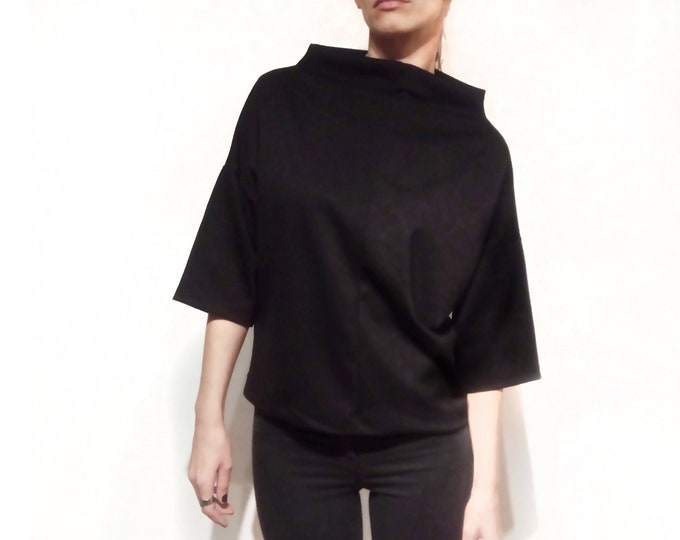 Heavy Jersey Minimalist Black Top, Oversized Extravagant High Collar Women's Top, Unique Women's ...