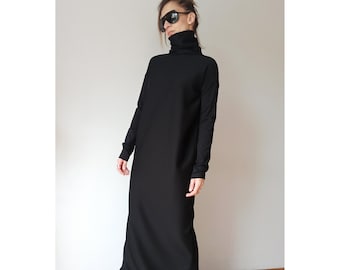 Heavy Jersey Minimalist Long Turtleneck Dress: Loose Fitting Long Sleeves High Collar Kaftan