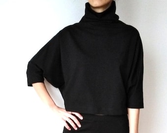 Bat Sleeves Jersey Minimalist Rayon Top, Oversized Extravagant Turtleneck Collar Women's Top, Unique Women's Shirt With High Neck