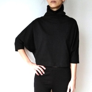Bat Sleeves Jersey Minimalist Rayon Top, Oversized Extravagant Turtleneck Collar Women&#39;s Top, Unique Women&#39;s Shirt With High Neck
