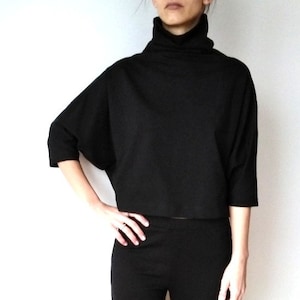 Bat Sleeves Jersey Minimalist Rayon Top, Oversized Extravagant Turtleneck Collar Women's Top, Unique Women's Shirt With High Neck