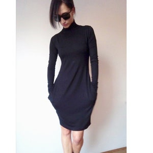 Turtleneck minimalist dress with pockets, Avantgarde jersey dress, Elegant women's super comfy tunic, Funnel neck dress with pockets