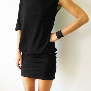 Asymmetric Minimalist Black Jersey Women&#39;s Mini Dress, Party Dress, Cocktail Dress, Asymmetrical Jersey Women Dress