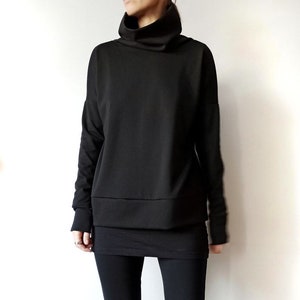 Minimalist Black Women Sweater, Oversized Women's Heavier Jersey Top with High Collar, Loose Fitting Women Turtleneck Sweatshirt