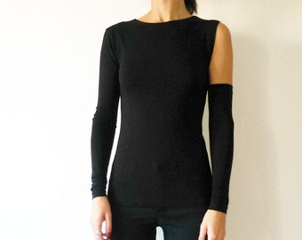 Asymmetric Black Jersey Top: One Sleeve Party Top
