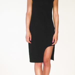 Asymmetrical Minimalist Black Jersey Women Cocktail Dress, Sleeveless Designer Stylish Black Dress, Little Black Dress