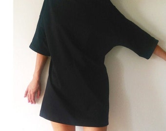 Minimalist Black Jersey Dress: High Neck Loose Fit Tunic