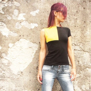 Asymmetric Fitted Women's Top, Artistic Summer T-shirt, Designer Colorblock Tight Women Tee
