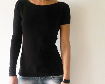 Asymmetric Short/Long Sleeve Black Women's Top, Black T-Shirt , Designer Stlylish Tee, Minimalist Black Cocktail Top, Gift for Her