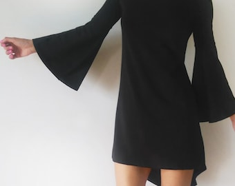 Wide Sleeves Black Cotton Jersey Minimalist Asymmetric Dress, Bell Sleeves Elegant Black Women Dress, Black Cocktail Jersey Dress