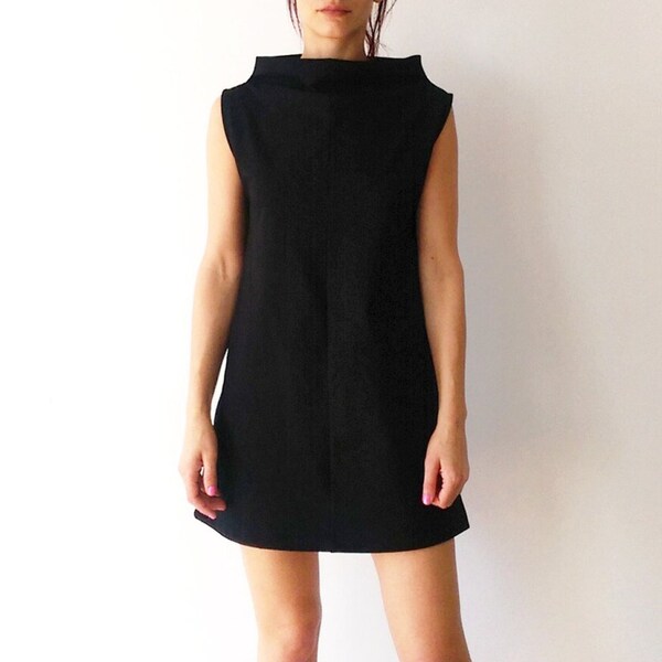 Heavy Weight Minimalist Elegant Black Mini Dress, Little Black Dress with Collar, Funnel Neck Dress, High Neck Dress