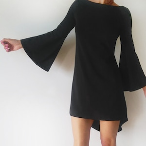 Wide Sleeves Black Cotton Jersey Minimalist Asymmetric Dress, Bell Sleeves Elegant Black Women Dress, Black Cocktail Jersey Dress