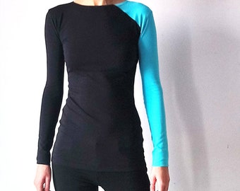 Elegant Long Sleeved Women's T-shirt, Fitted Colour Block Top, Long Sleeve Women's Blouse