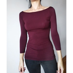 Minimalist Custom-made Jersey Top: Elegant Boat Neck 3/4 Sleeve Shirt