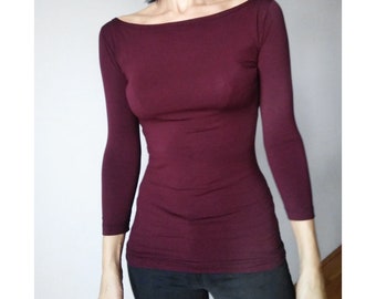 Minimalist Custom-made Jersey Top: Elegant Boat Neck 3/4 Sleeve Shirt
